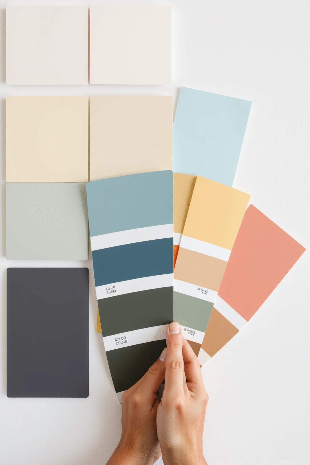 Stylized color palette with various shades, tints, and tones of a single color, arranged as swatches or paint chips on a clean background.