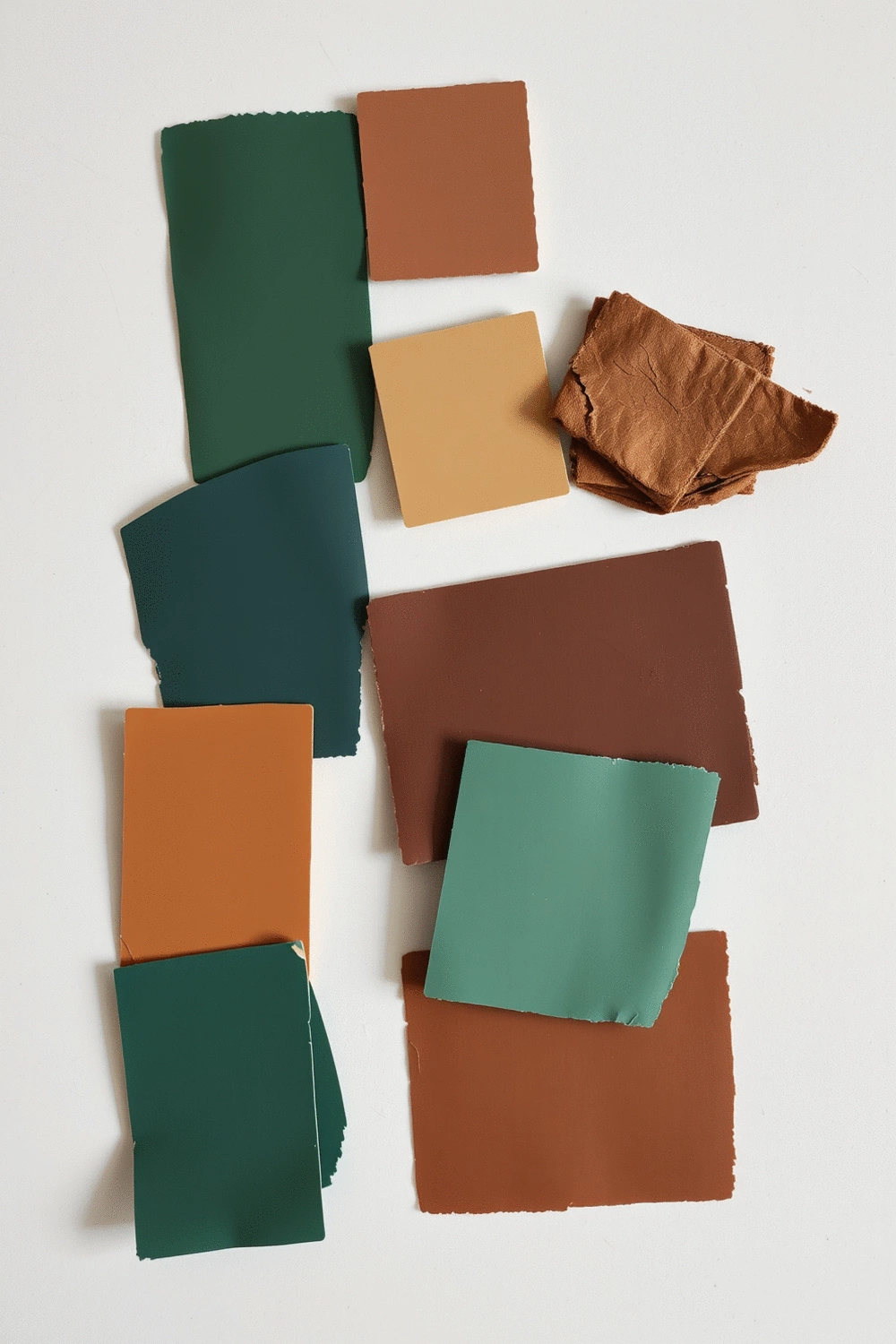 Flat lay of various paint swatches in smoky jades, warm eucalyptus, chocolate browns, and rich jewel tones arranged aesthetically on a smooth surface, representing 2026 color palettes.