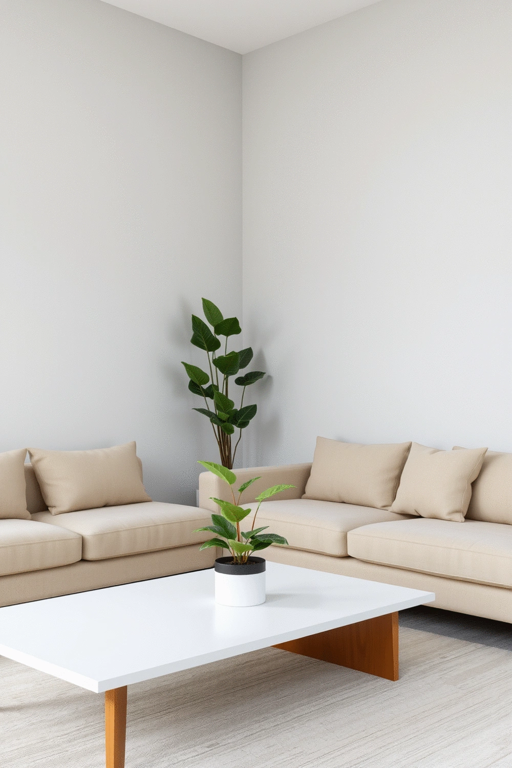 A neutral-toned room with a beige sofa, soft gray walls, and a minimalist coffee table, featuring a single vibrant potted plant as an accent.