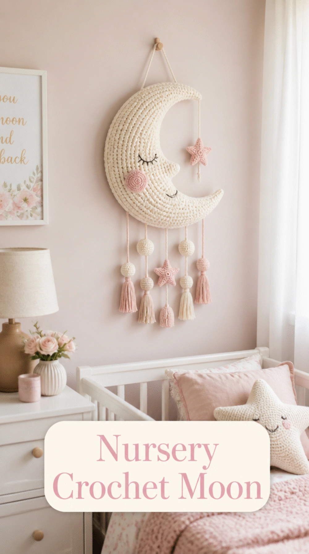 Nursery Crochet Moon Wall Hanging in Soft Cream and Blush Yarn