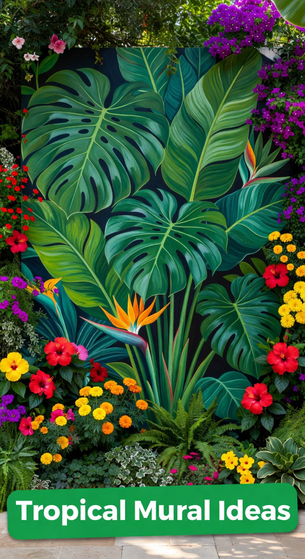Garden Wall Mural with Bold Tropical Leaves in Lush Deep Greens