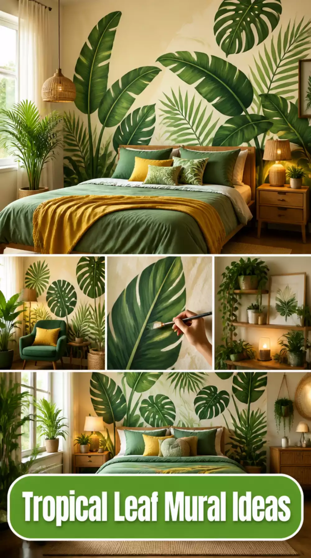 Bedroom Botanical Mural with Oversized Tropical Leaves on a Warm Wall