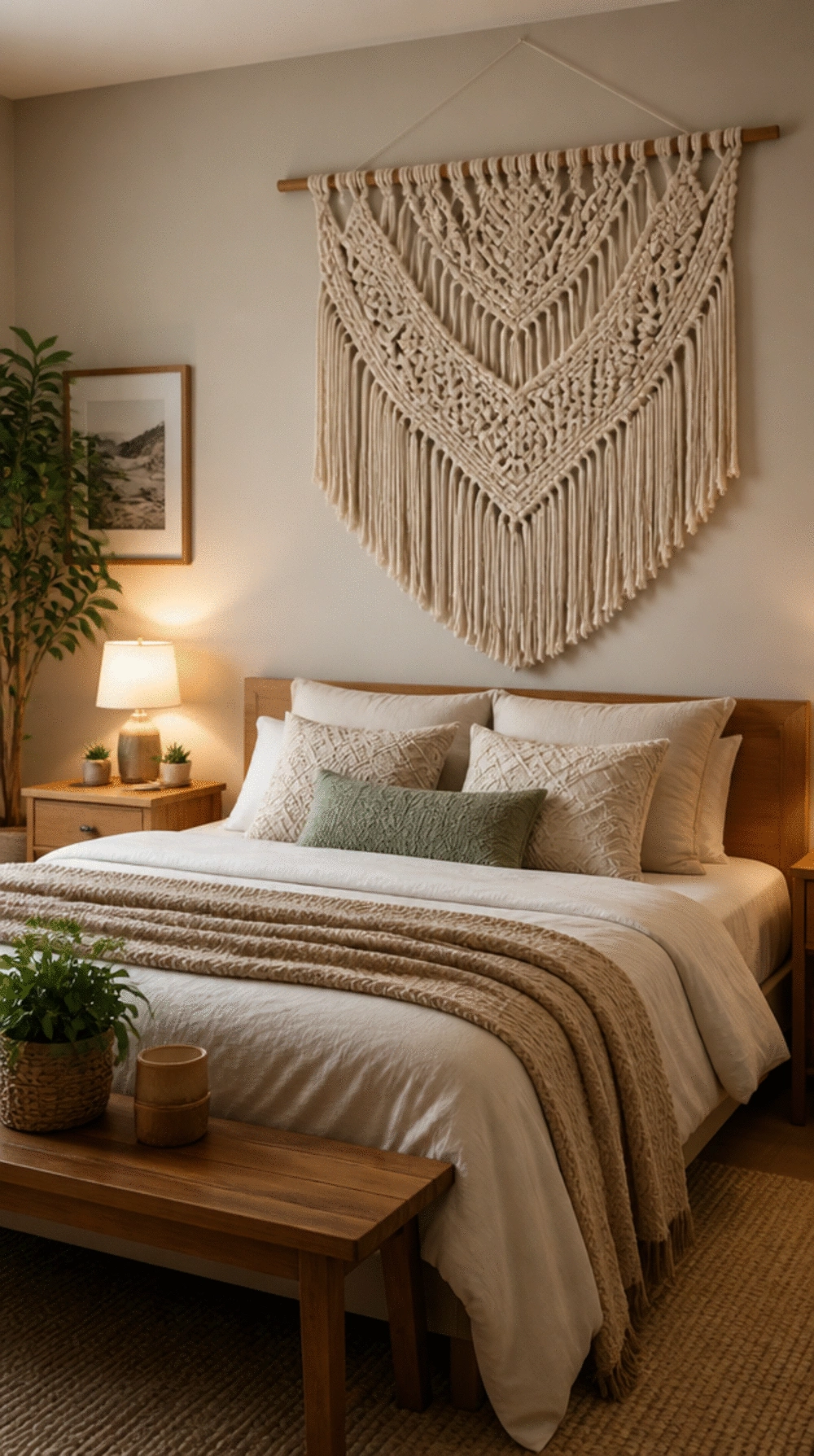 Woven Macrame Wall Hanging in Warm Ivory Cotton Above a Boho Bed