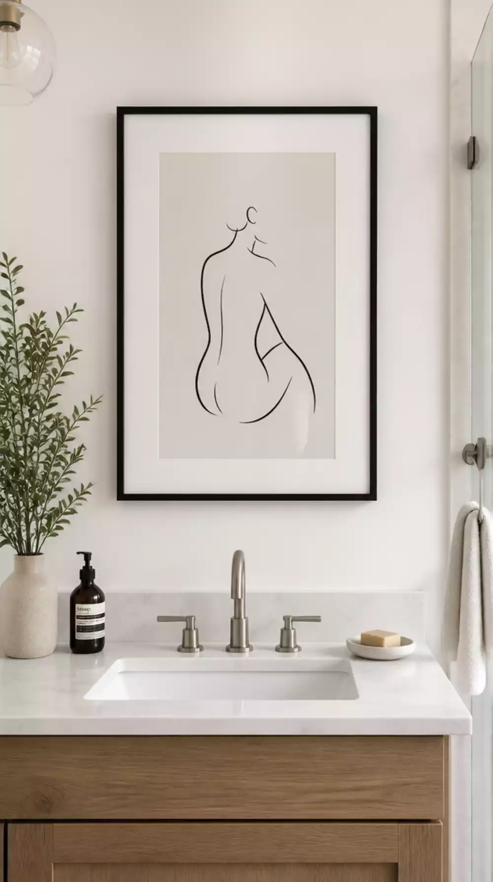Bathroom Single Framed Minimalist Line Art in a Slim Matte Black Frame