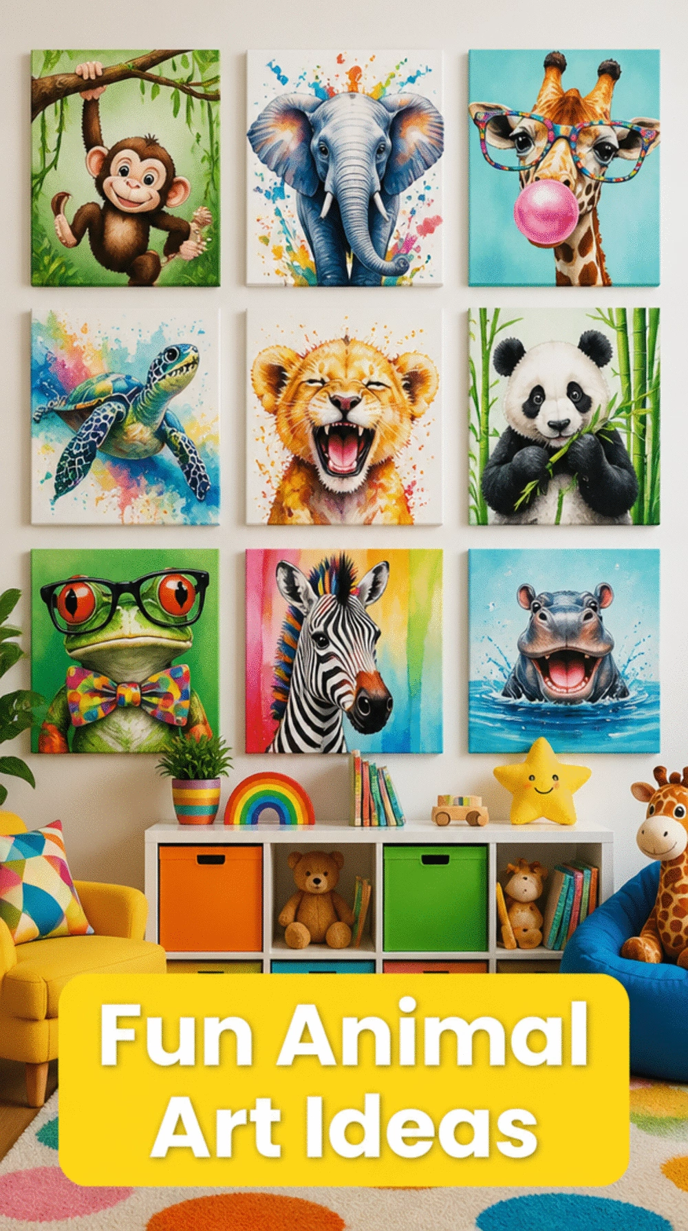 Bedroom Fun Animal Canvas Print Set for a Child's Feature Wall