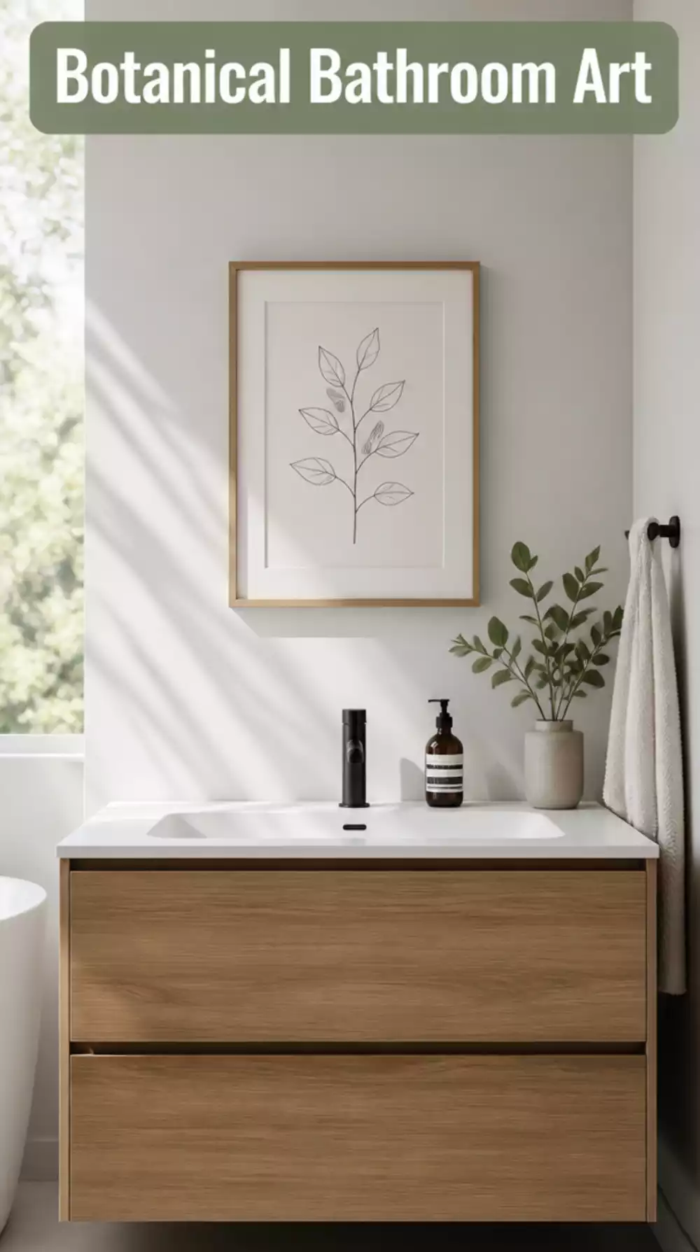 Small Framed Minimalist Botanical Outline Print Above a Bathroom Sink