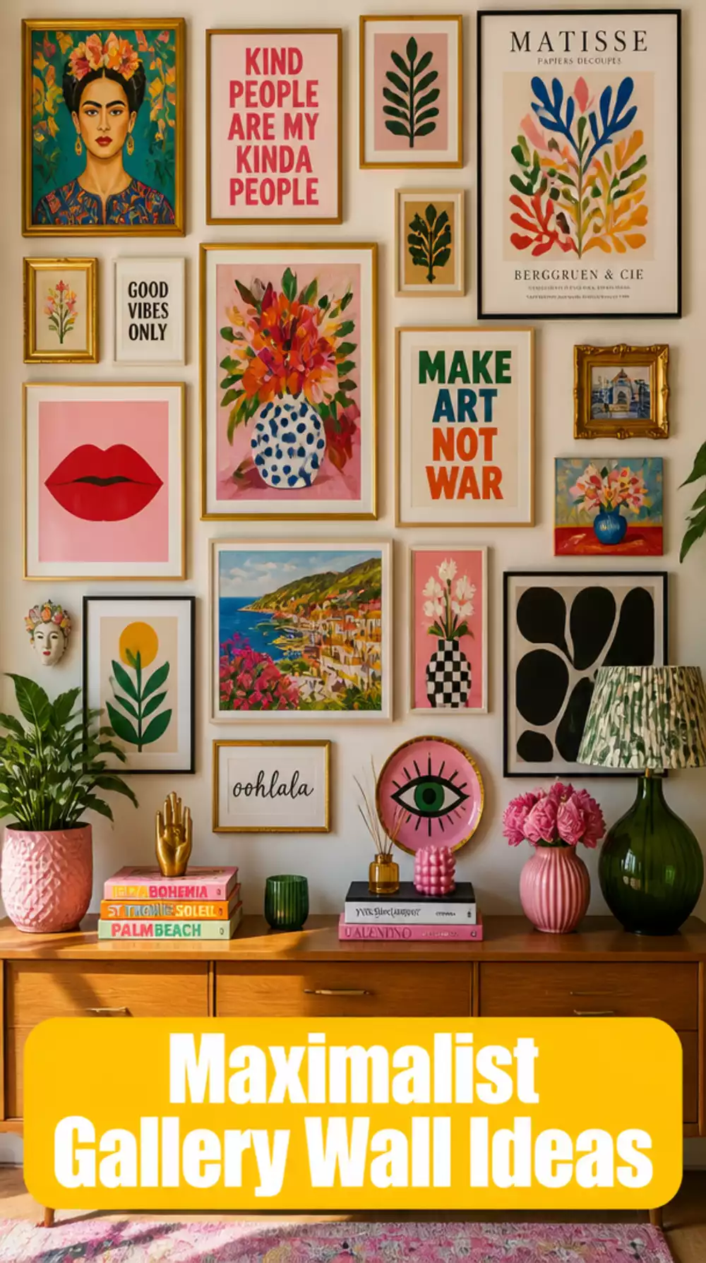 Maximalist Gallery Wall Above a Dining Sideboard with Mixed Art Styles