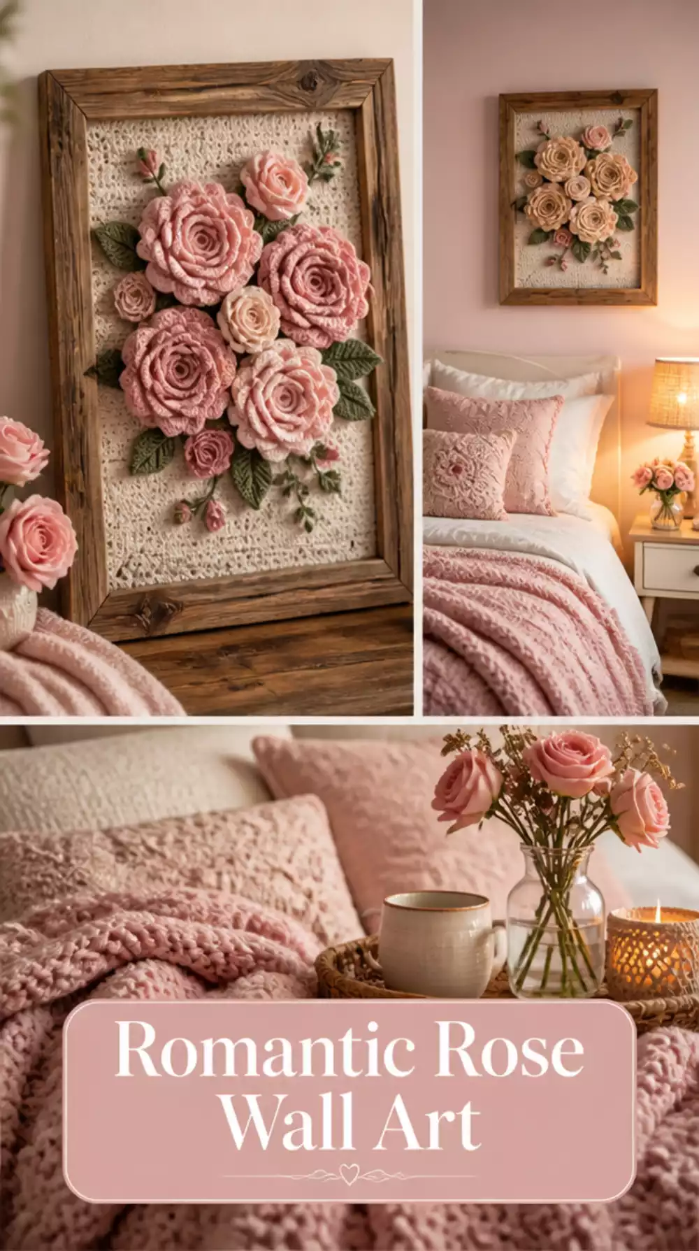 Pink Crochet Rose Wall Art Hoop Framed in Reclaimed Wood