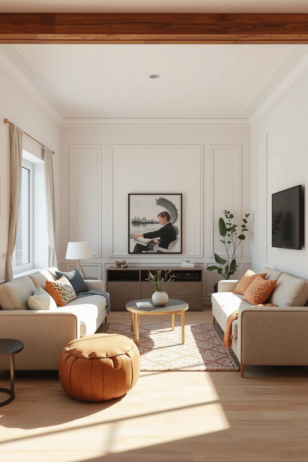 A small, elegantly decorated living room with a cohesive color scheme, featuring light-colored walls, a comfortable sofa, and thoughtful accent pieces.