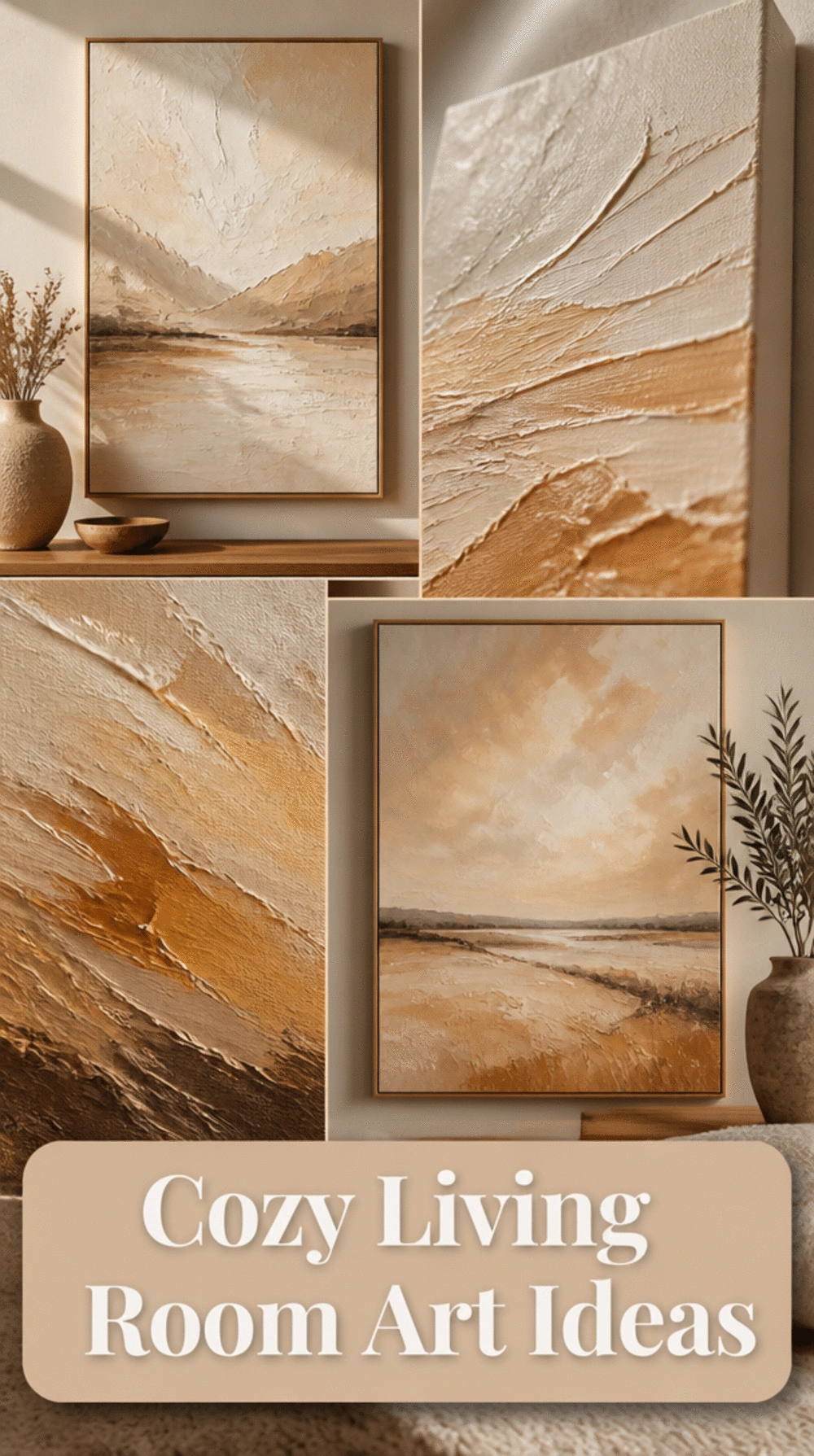 Hand-Painted Oil Canvas in Warm Ochre and Sand for a Cozy Living Room
