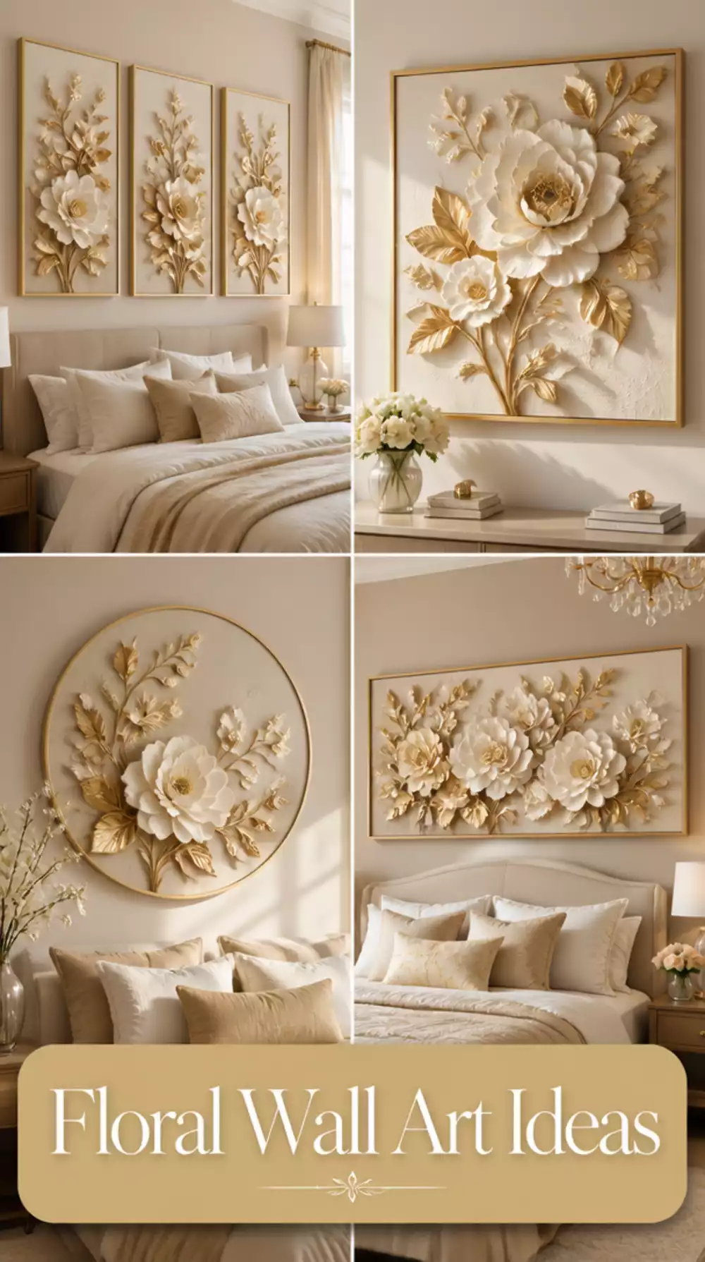 Bedroom 3D Layered Floral Wall Art in Gold and Ivory Tones