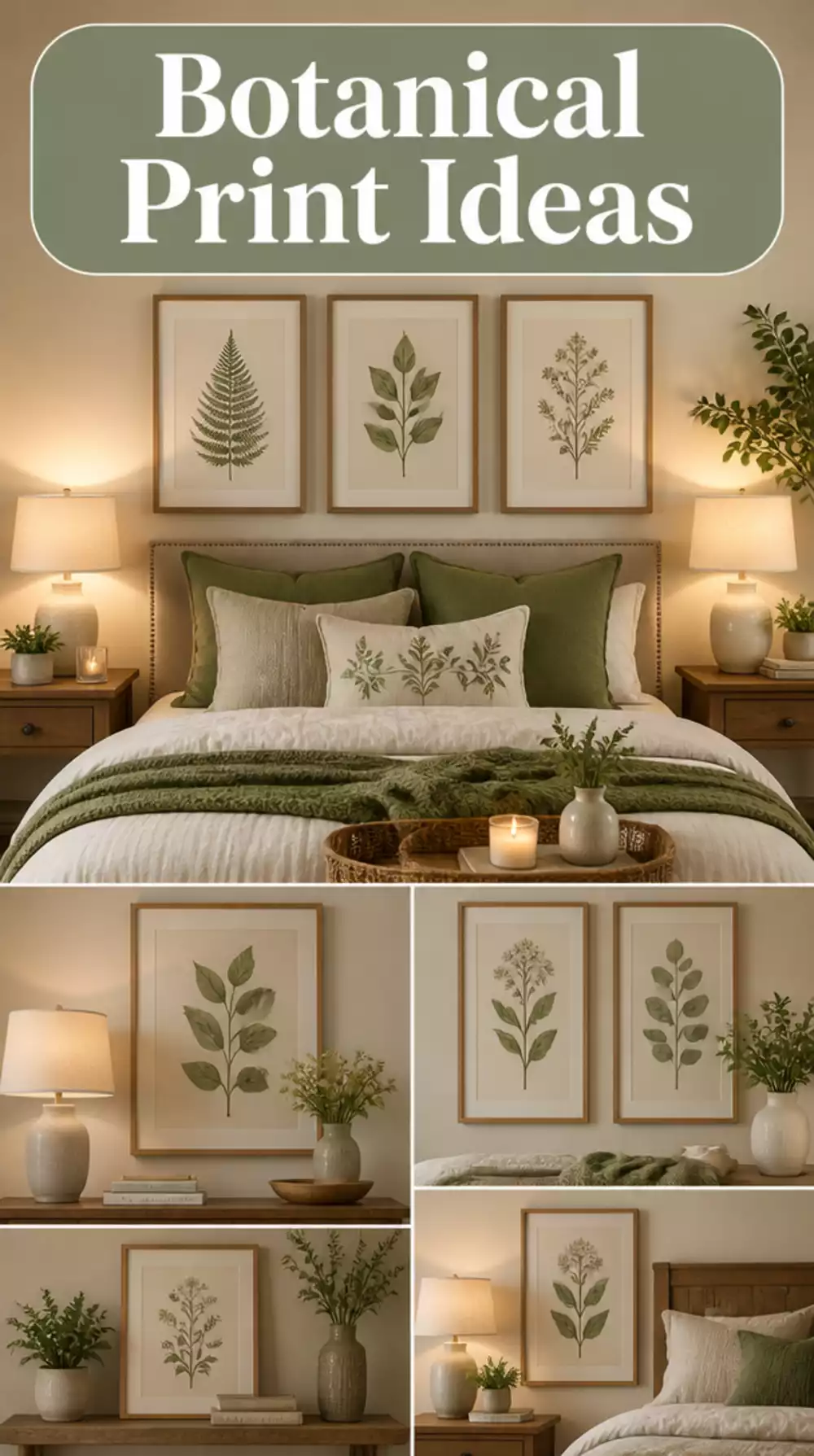 Bedroom Framed Botanical Print Paired with Matching Bedside Table Lamps