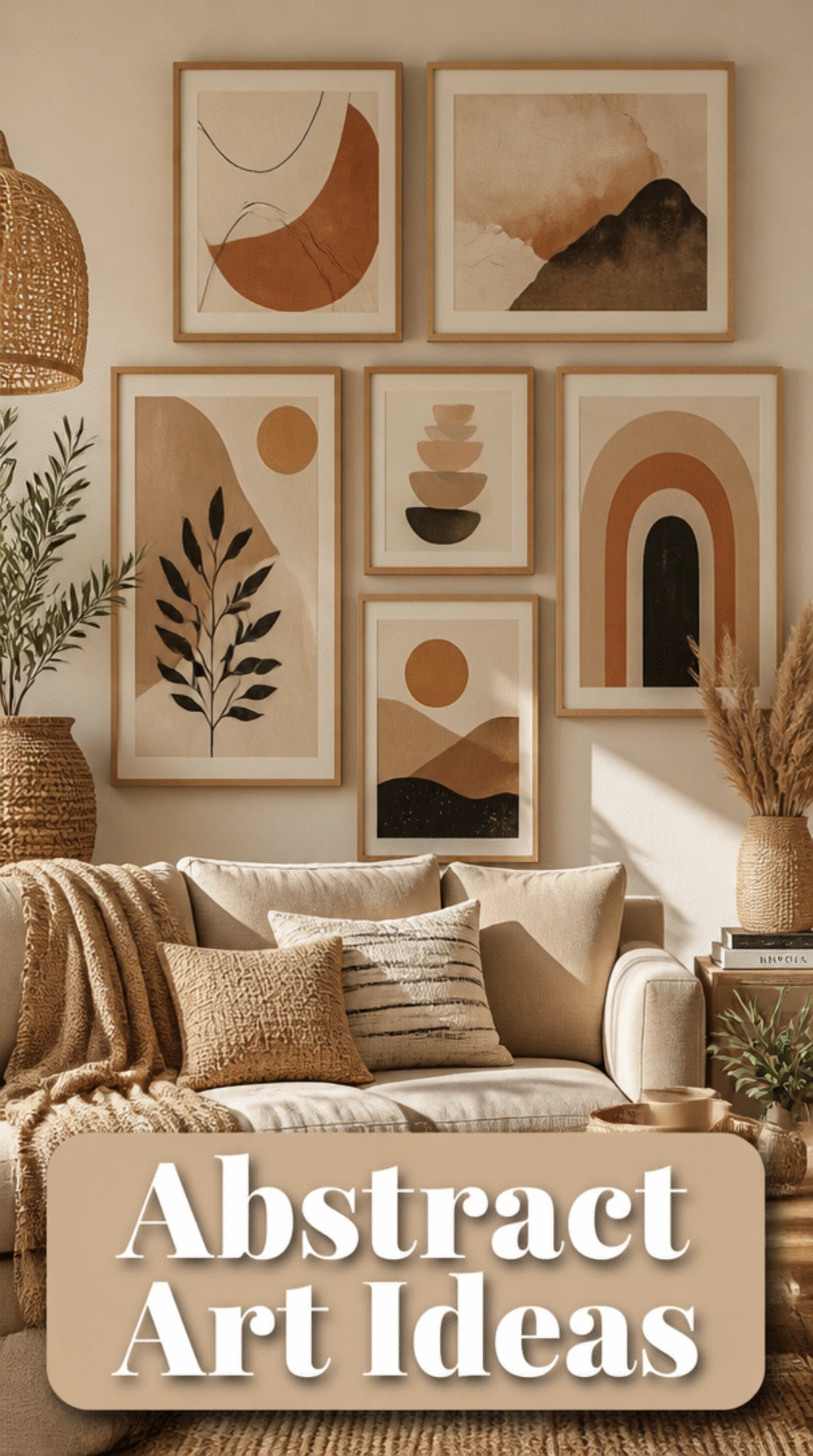 Gallery Wall with Framed Abstract Prints in a Warm Neutral Palette