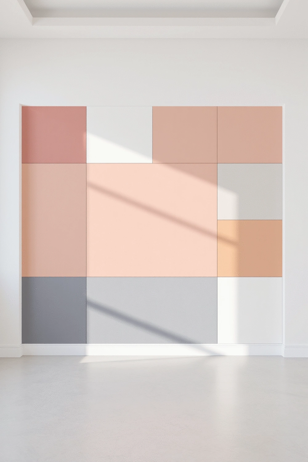Abstract geometric color-blocked wall design with contrasting pastel and deep tone blocks, showcasing clean lines and modern aesthetics in an empty room.