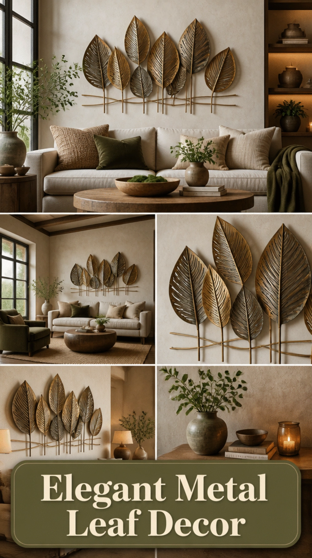 Living Room Metal Leaf Wall Sculpture Set in an Antique Brass Finish