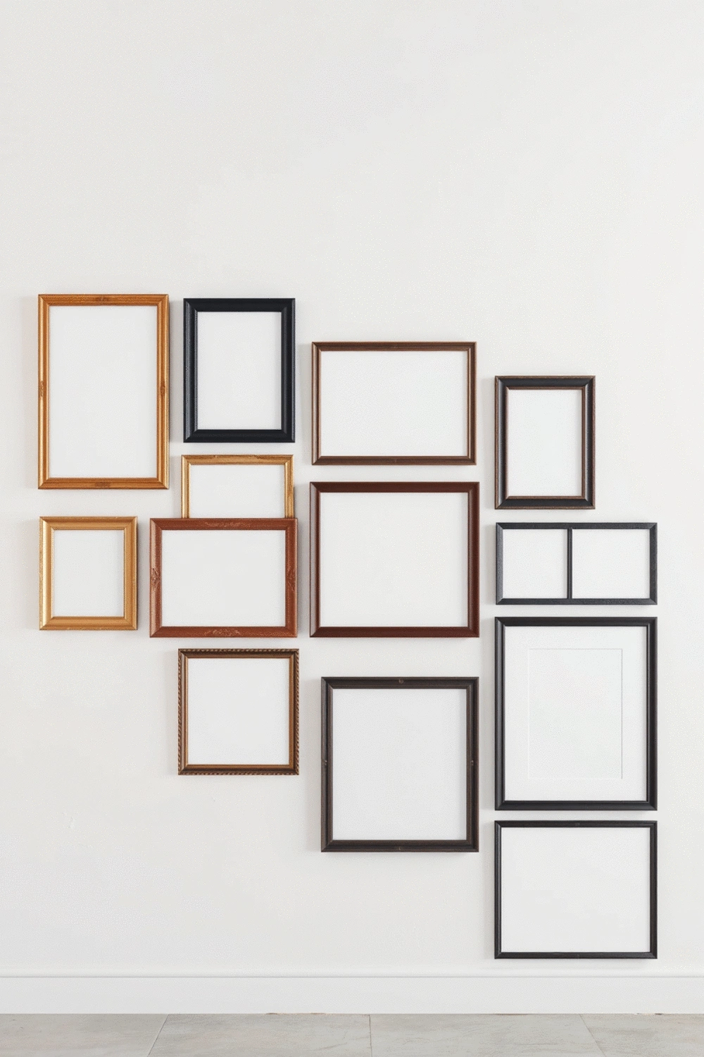 Arrangement of empty picture frames of various sizes and styles, some with mat boards, on a clean, light-colored wall, showcasing a unified design theme