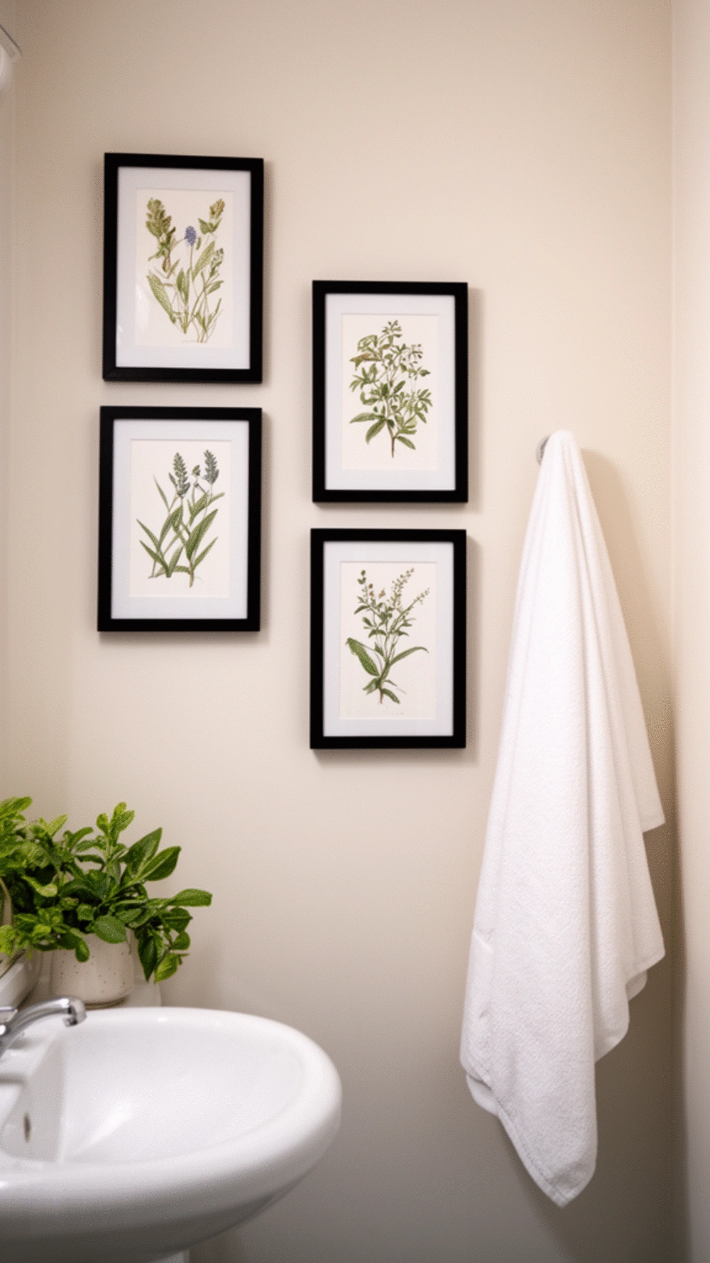 Bathroom Gallery Wall Using Small Framed Botanical Prints in Black Frames
