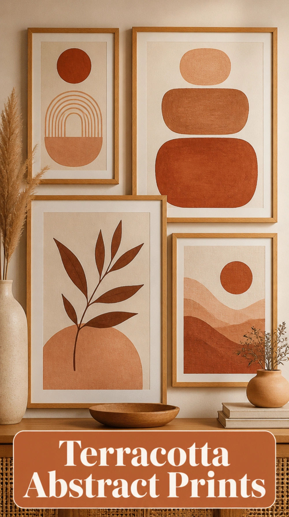 Terracotta Abstract Print Framed in a Warm Honey Oak Moulding