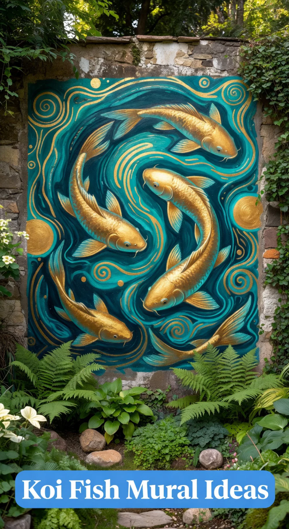 Outdoor Wall Koi Fish Mural in Teal and Gold on a Stone Exterior