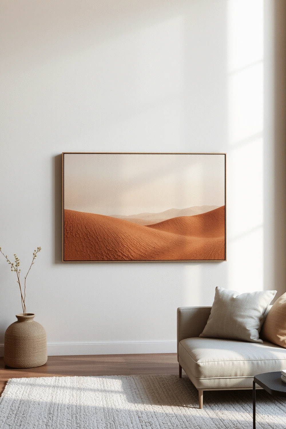 Gradient wall art with muted neutral accents, showcasing a harmonious blend of colors and textures in a modern living space, soft natural light