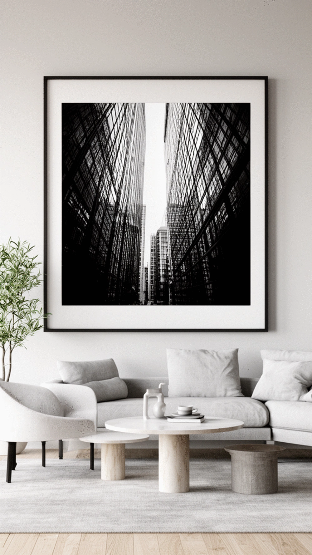 Living Room Oversized Black and White Architecture Photography in a Float Frame