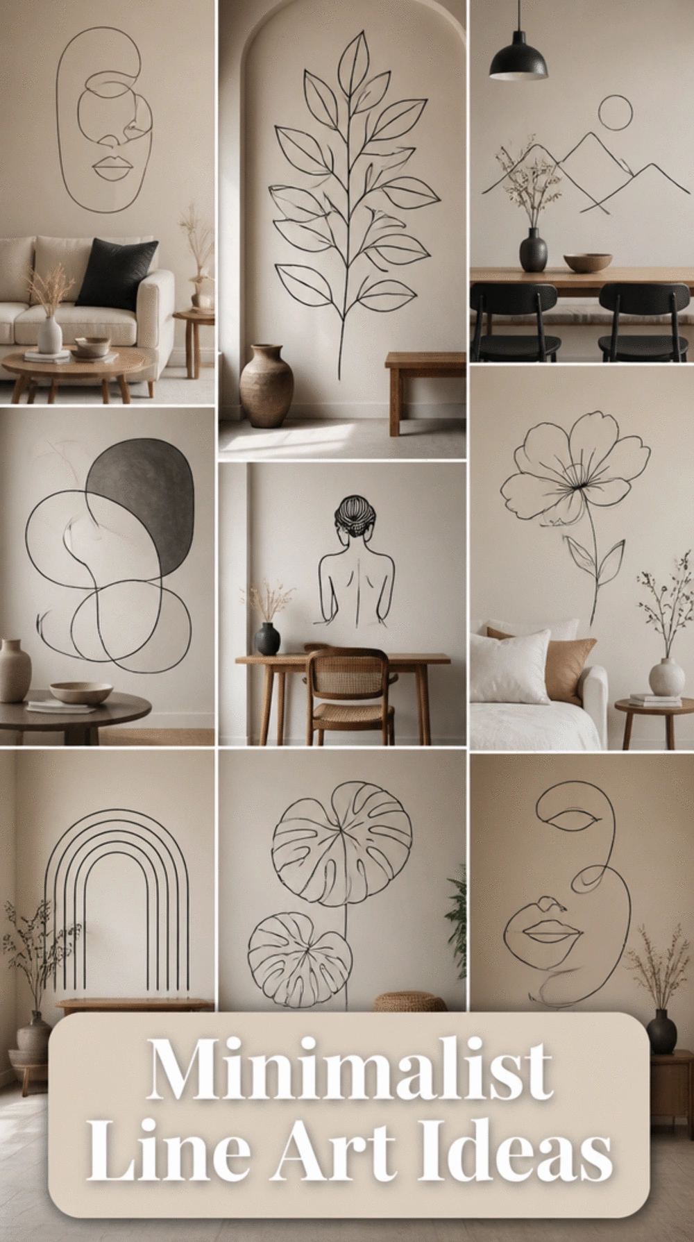 Living Room Minimalist Line-Drawing Mural in Warm Charcoal and Cream