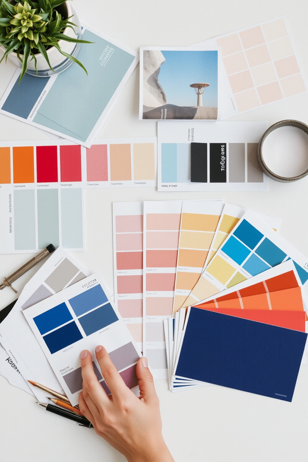 Flat lay of color palette swatches, planning guides, and design tools arranged neatly on a clean desk, ready for a color blocking project.