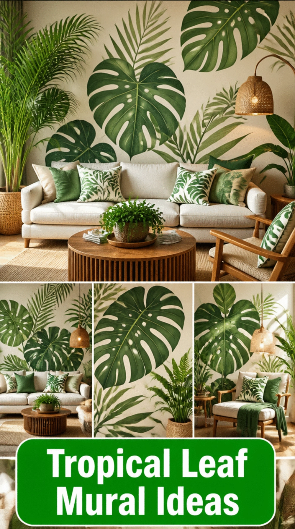 Living Room Monstera Leaf Mural in Deep Green on a Cream Wall