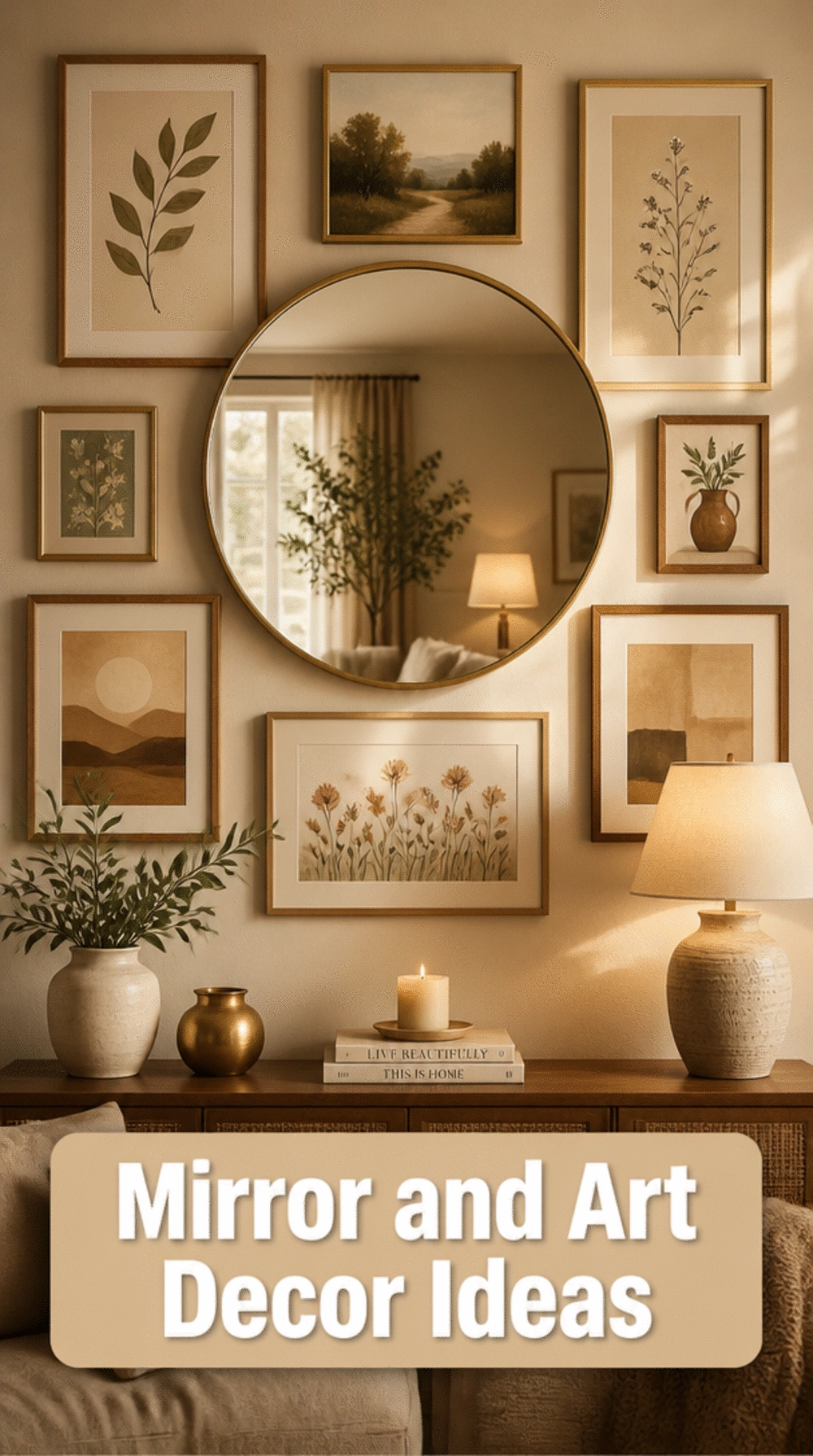 Entryway Round Mirror Surrounded by Small Framed Art Prints