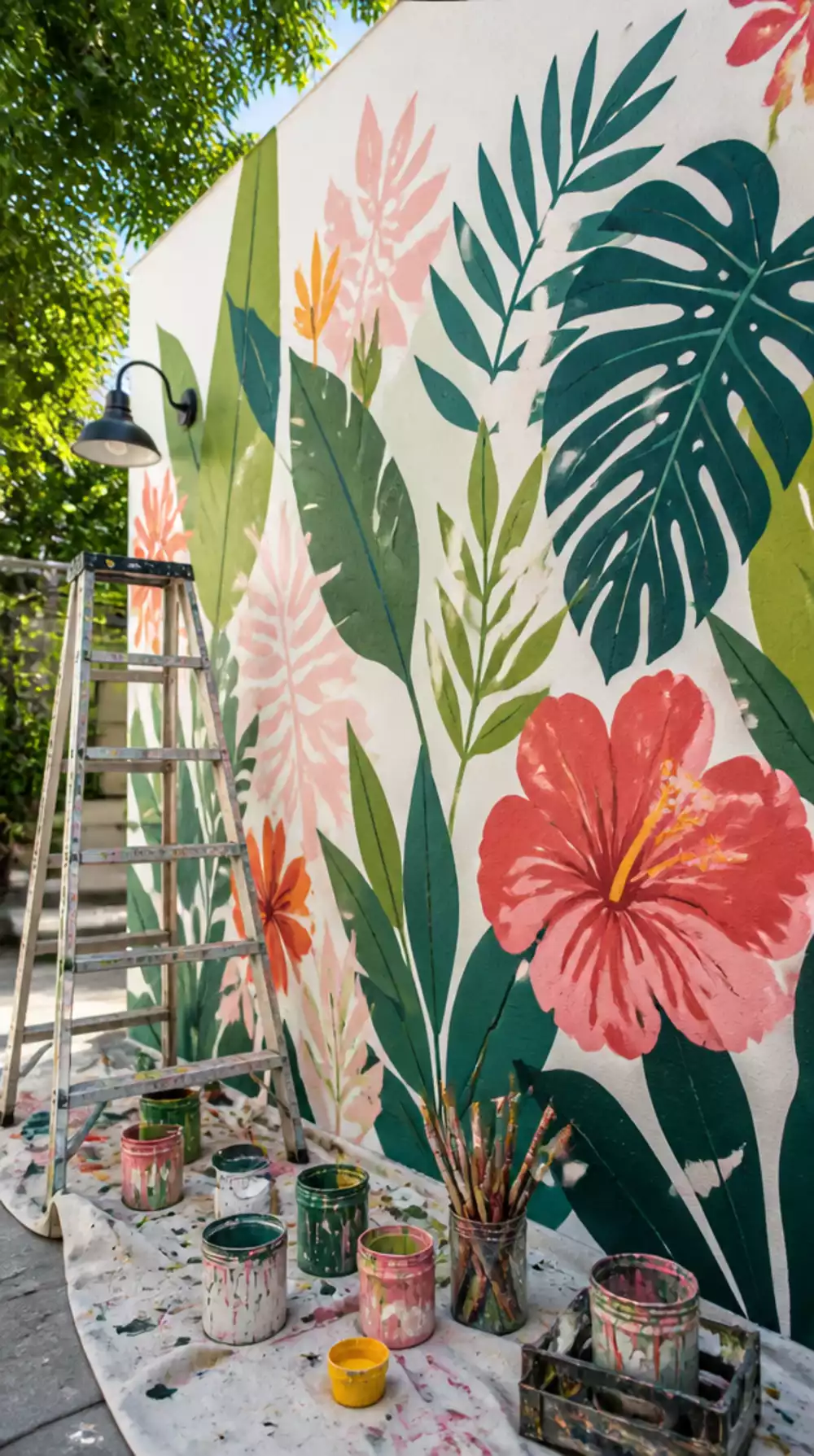 Outdoor Living Wall Mural Using Stencils and Weather-Resistant Paint