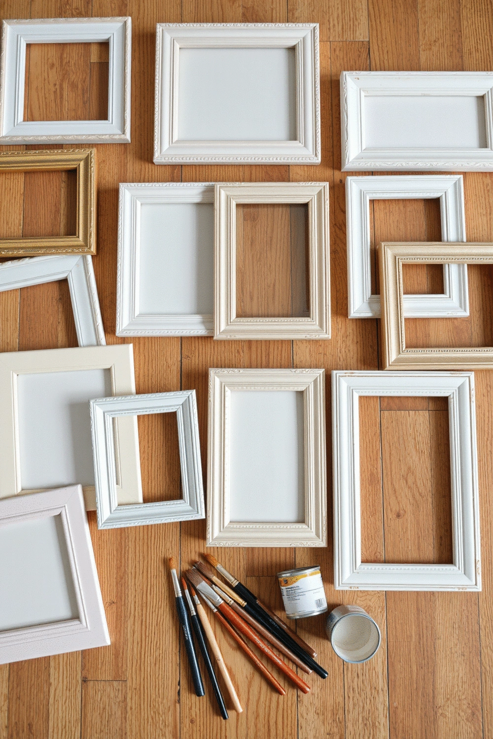 A collection of empty, minimalist picture frames in various sizes and shapes, some with fresh coats of pastel paint, arranged on a clean wooden table. Crafting tools like paintbrushes and small paint cans are neatly placed nearby.