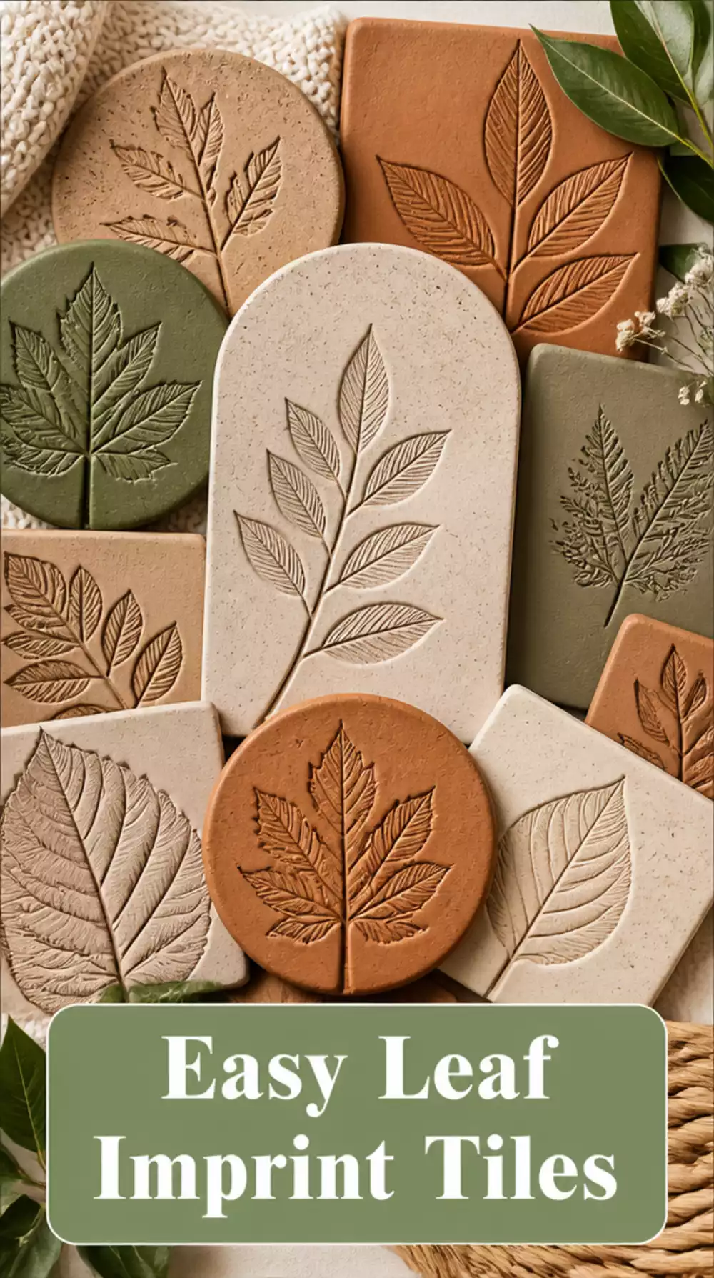 One-Ingredient Air Dry Clay Wall Tile with a Leaf Imprint Design