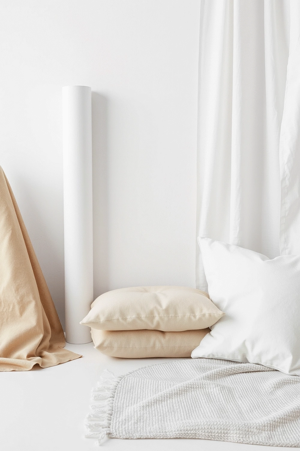 Various interior design elements like removable wall decals, rolls of temporary wallpaper, and neatly folded monochromatic textiles (curtains, pillows, rugs) arranged artfully on a clean surface.