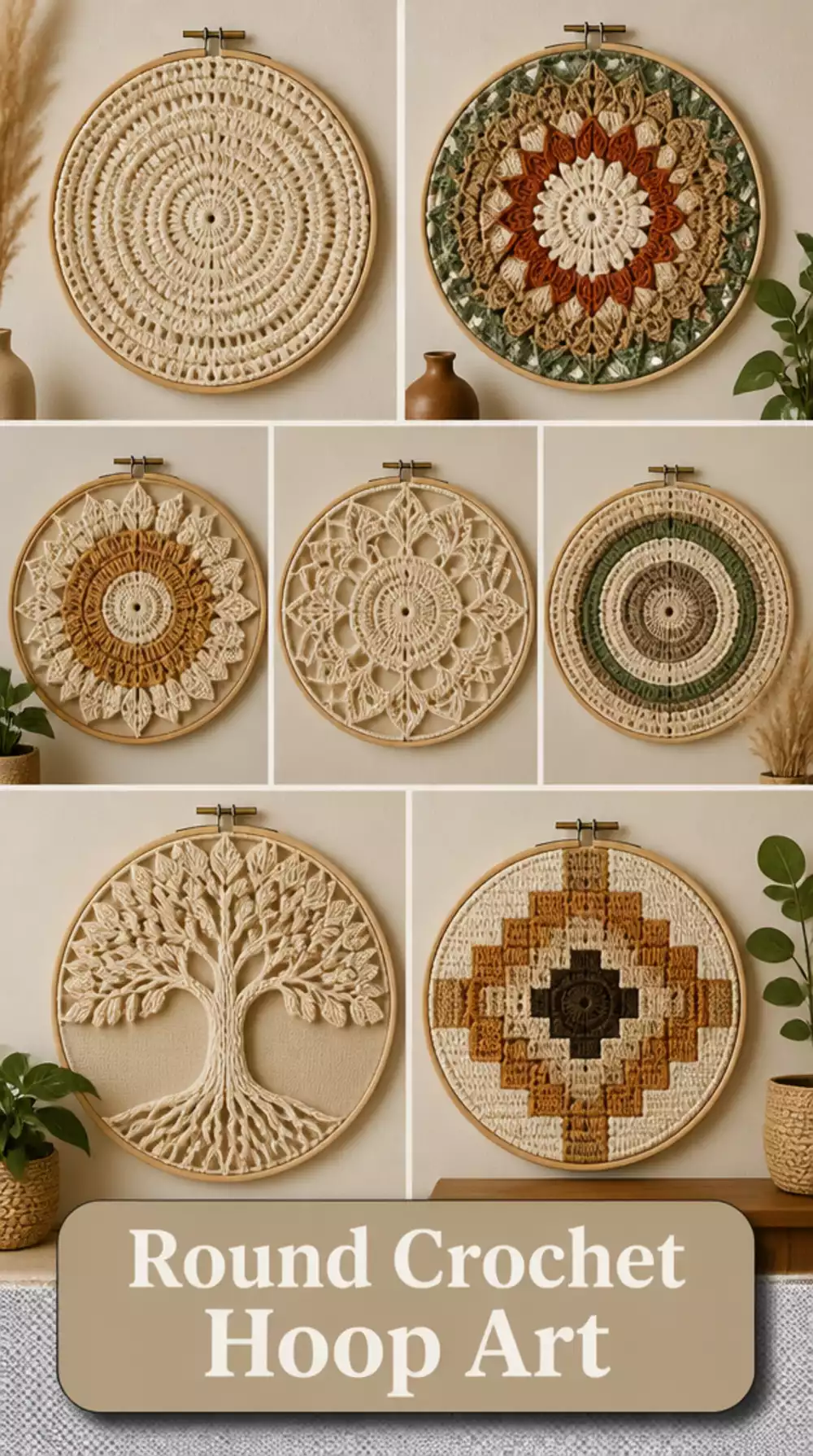 Round Crochet Hoop Wall Art with a Natural Cotton Yarn Design