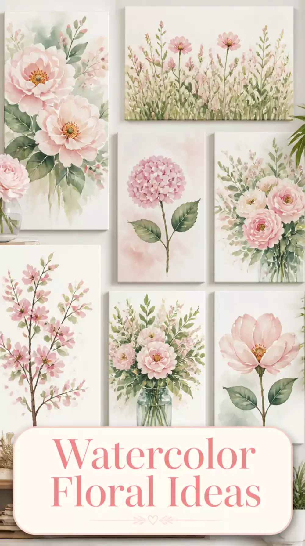Watercolor Floral Canvas Wall Art in Soft Blush and Leaf Green Tones