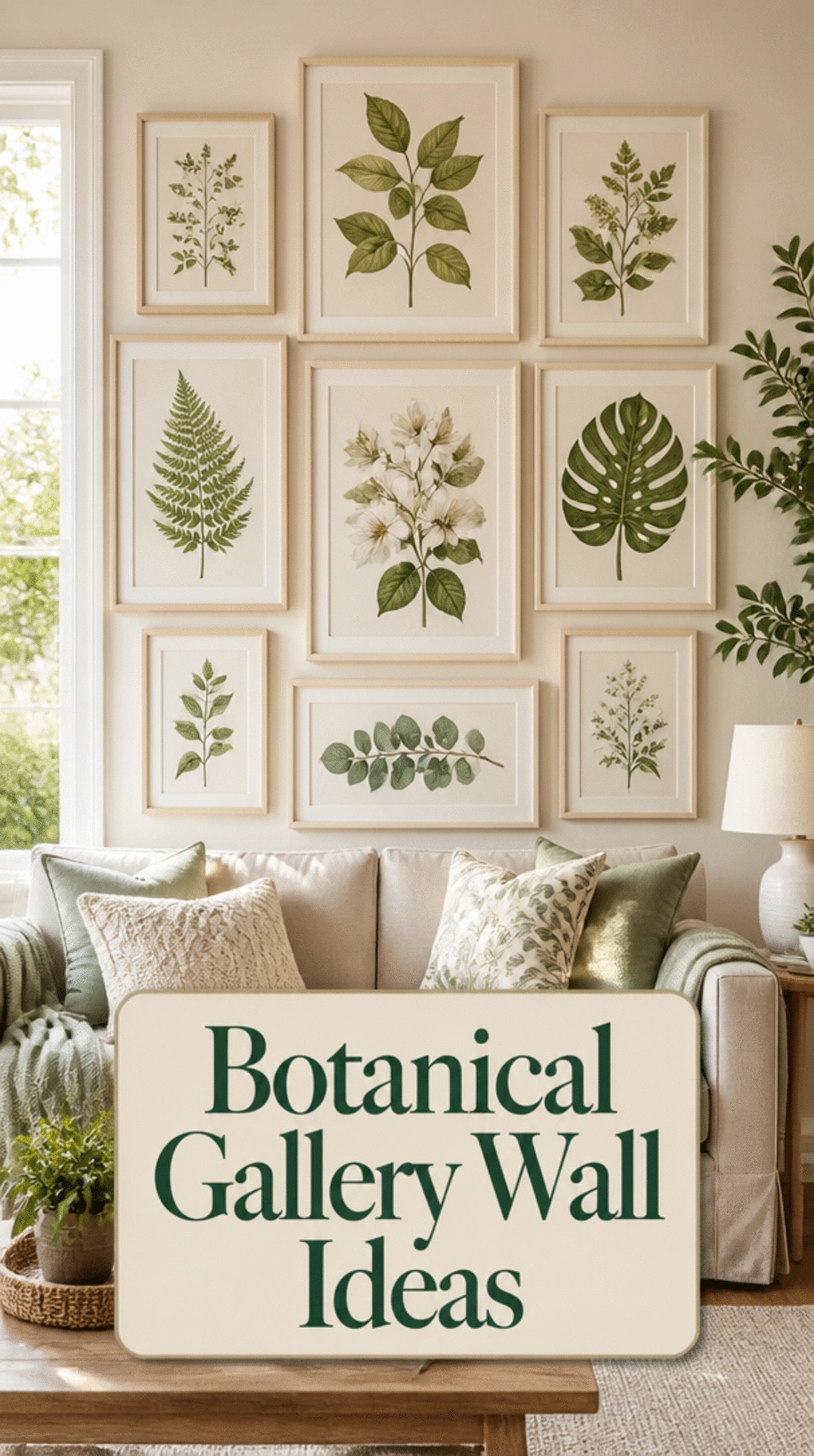 Living Room Gallery Wall with Botanical Prints in Matching Cream Frames