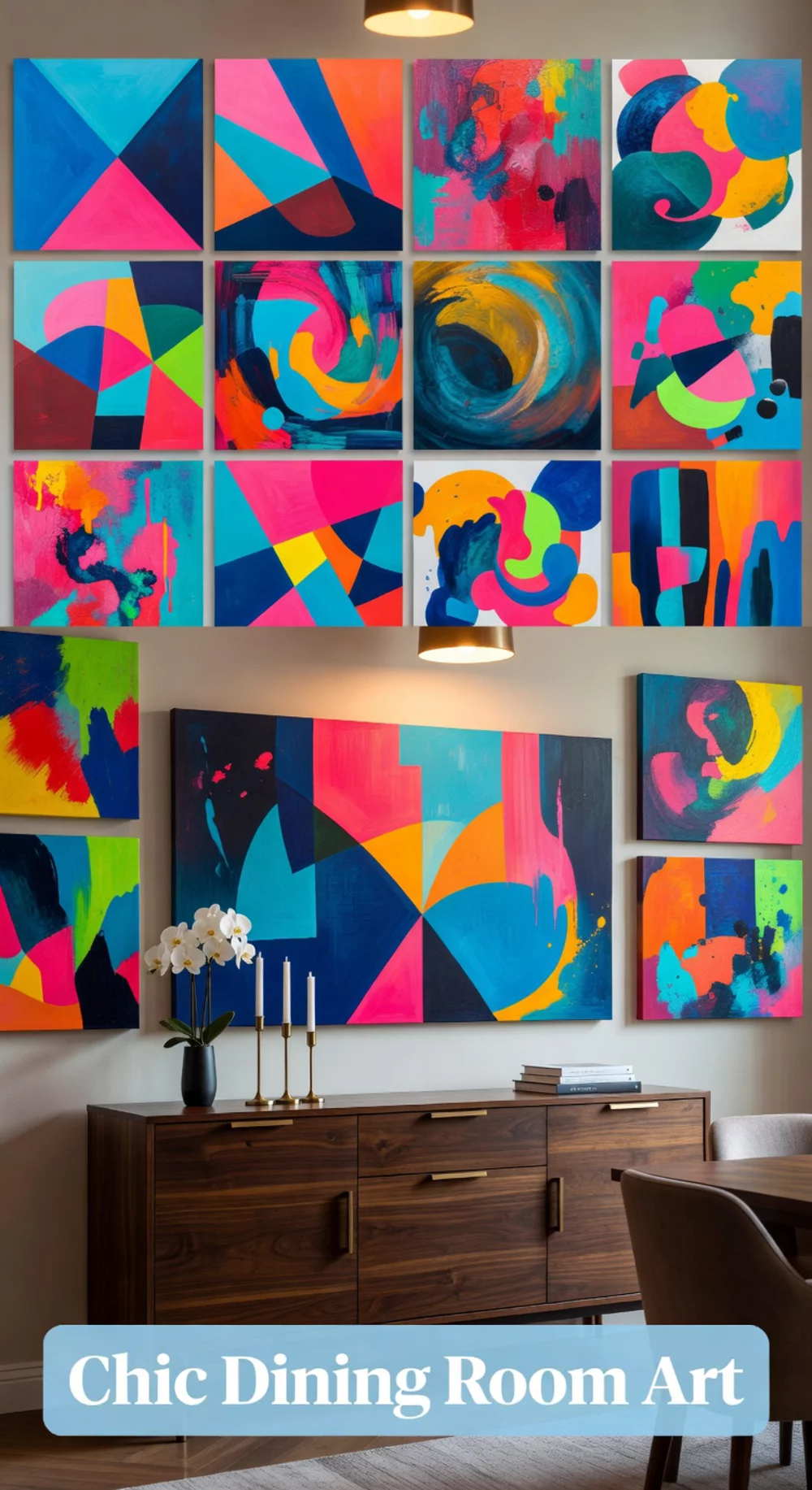 Large Abstract Canvas Wall Art Above a Dining Room Sideboard