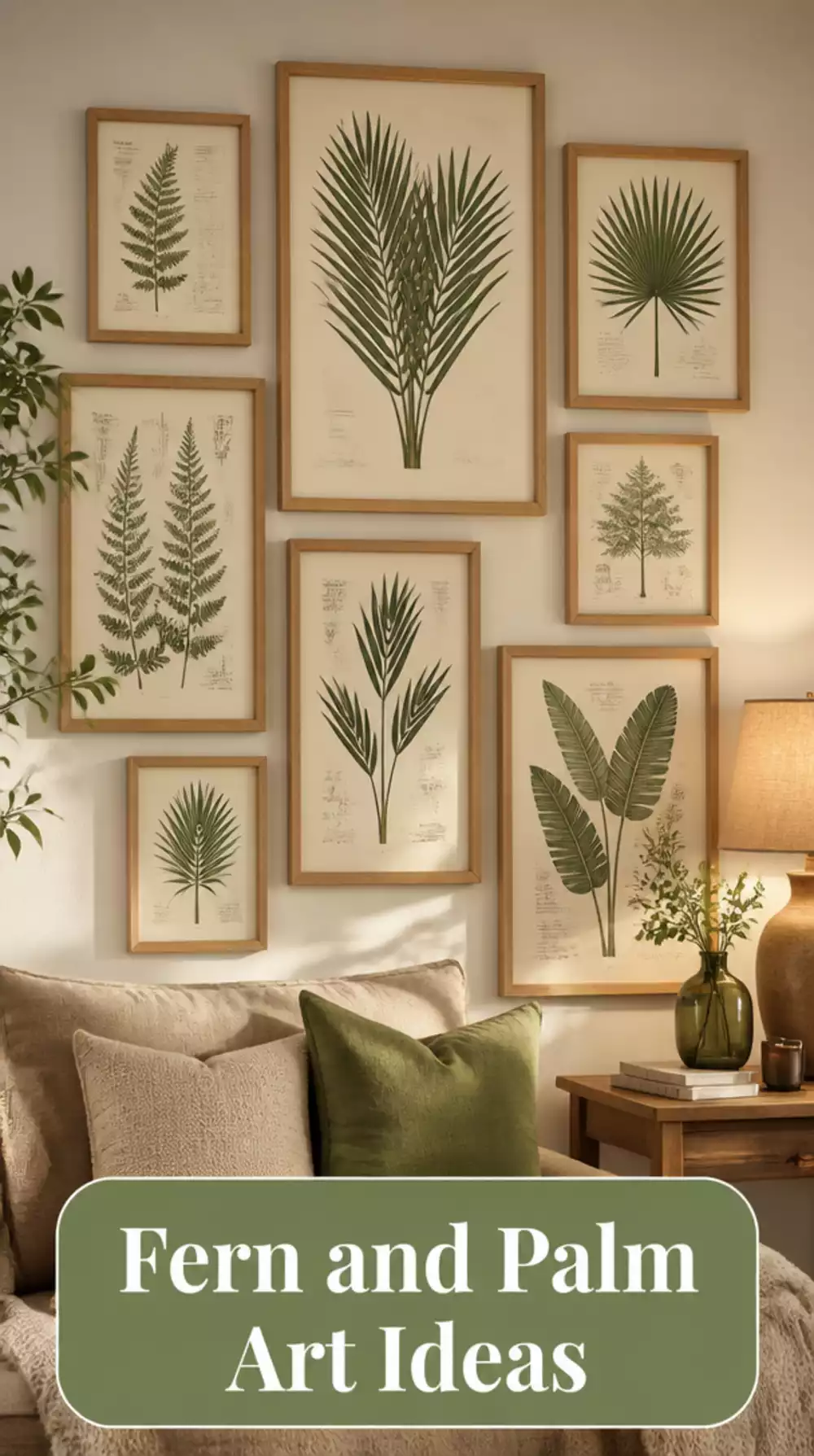 Living Room Framed Fern and Palm Illustration in a Natural Wood Frame