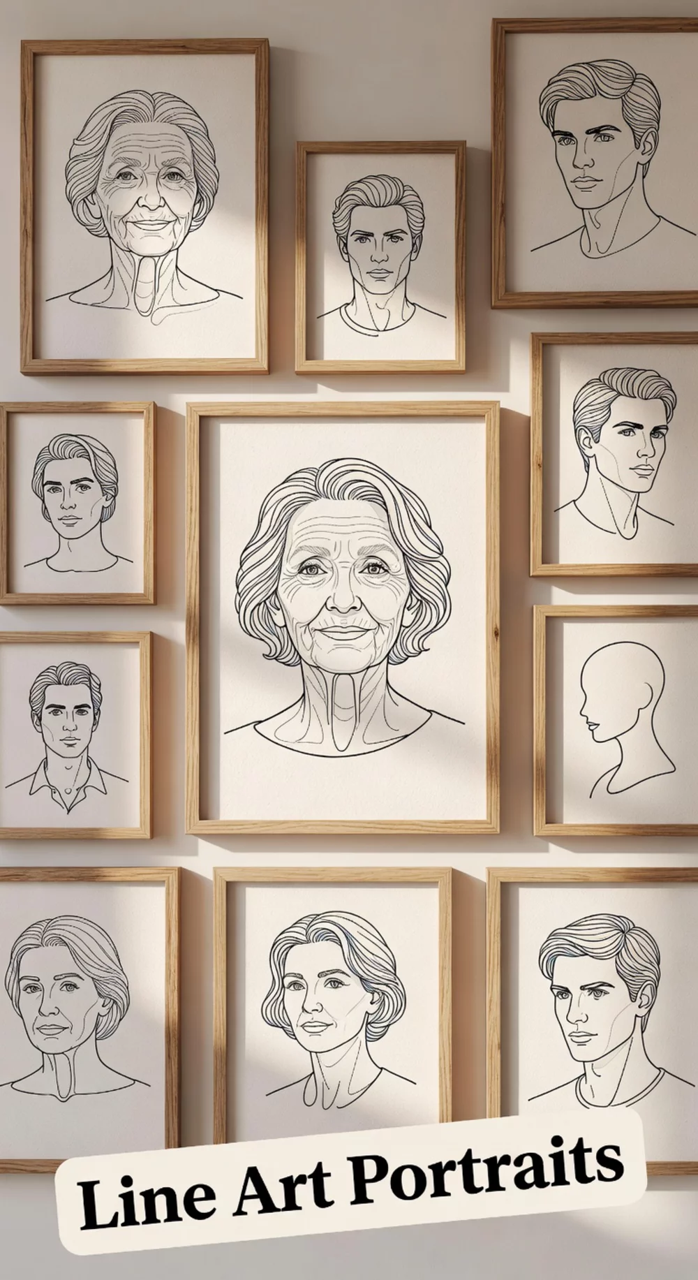 Bedroom Line Art Portrait Print in a Thin Natural Wood Frame