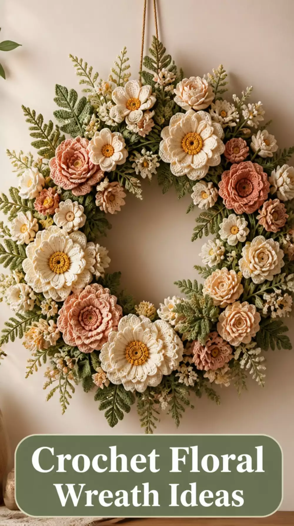 Bedroom Large Crochet Floral Wreath Wall Hanging in Natural Cotton