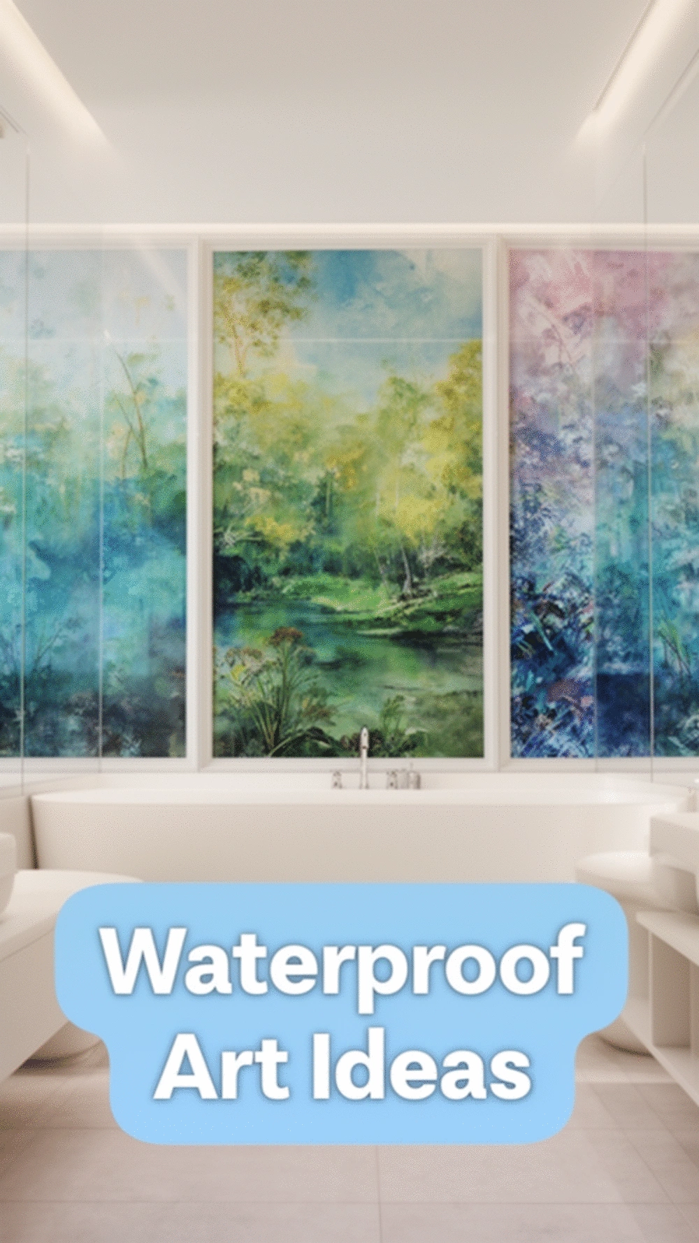 Bathroom Gallery Wall with Waterproof Prints Behind Glass in Sealed Frames