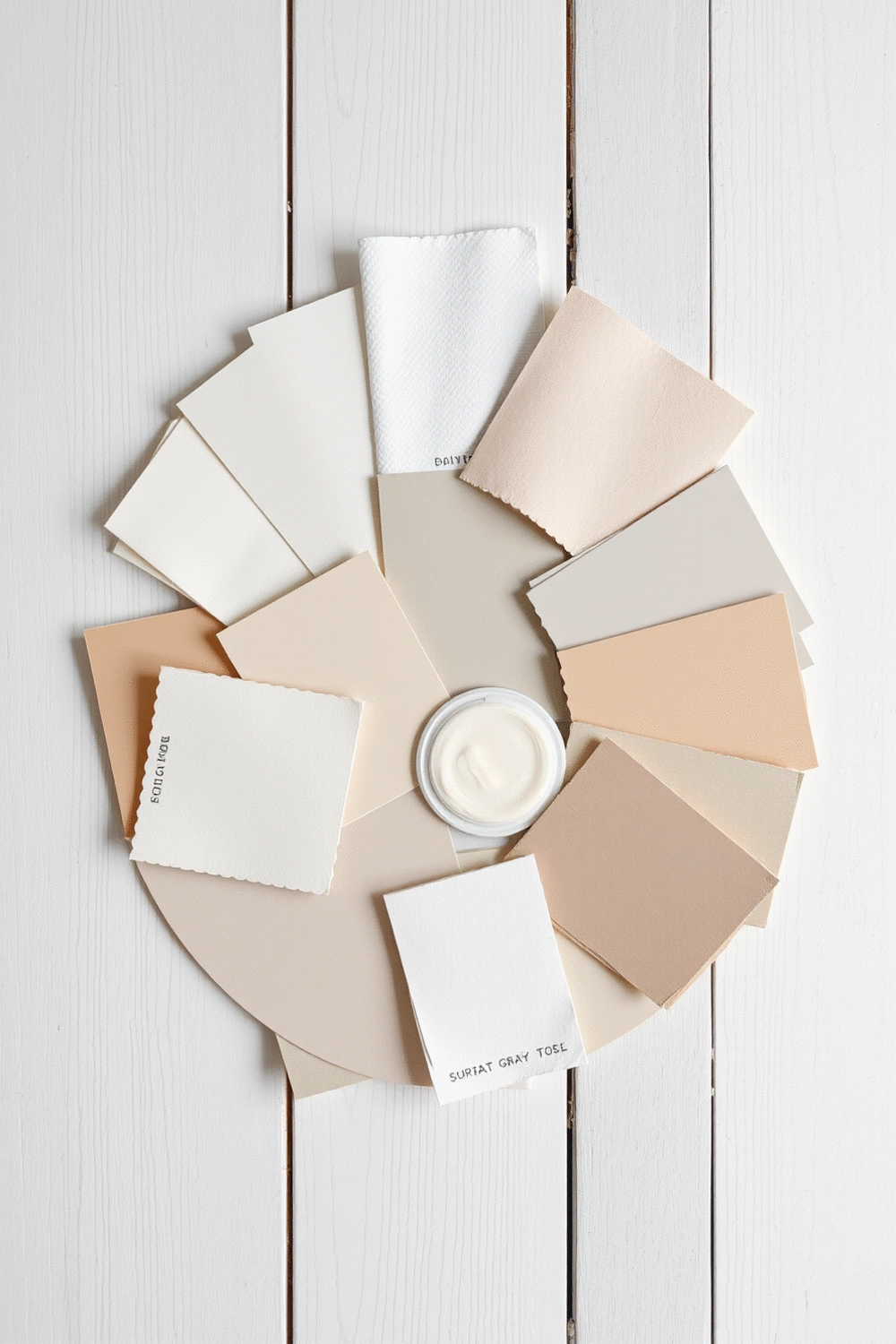 Flat lay of various paint swatches in neutral tones (soft whites, warm grays, gentle beige, muted taupes) arranged artfully on a light wooden surface.