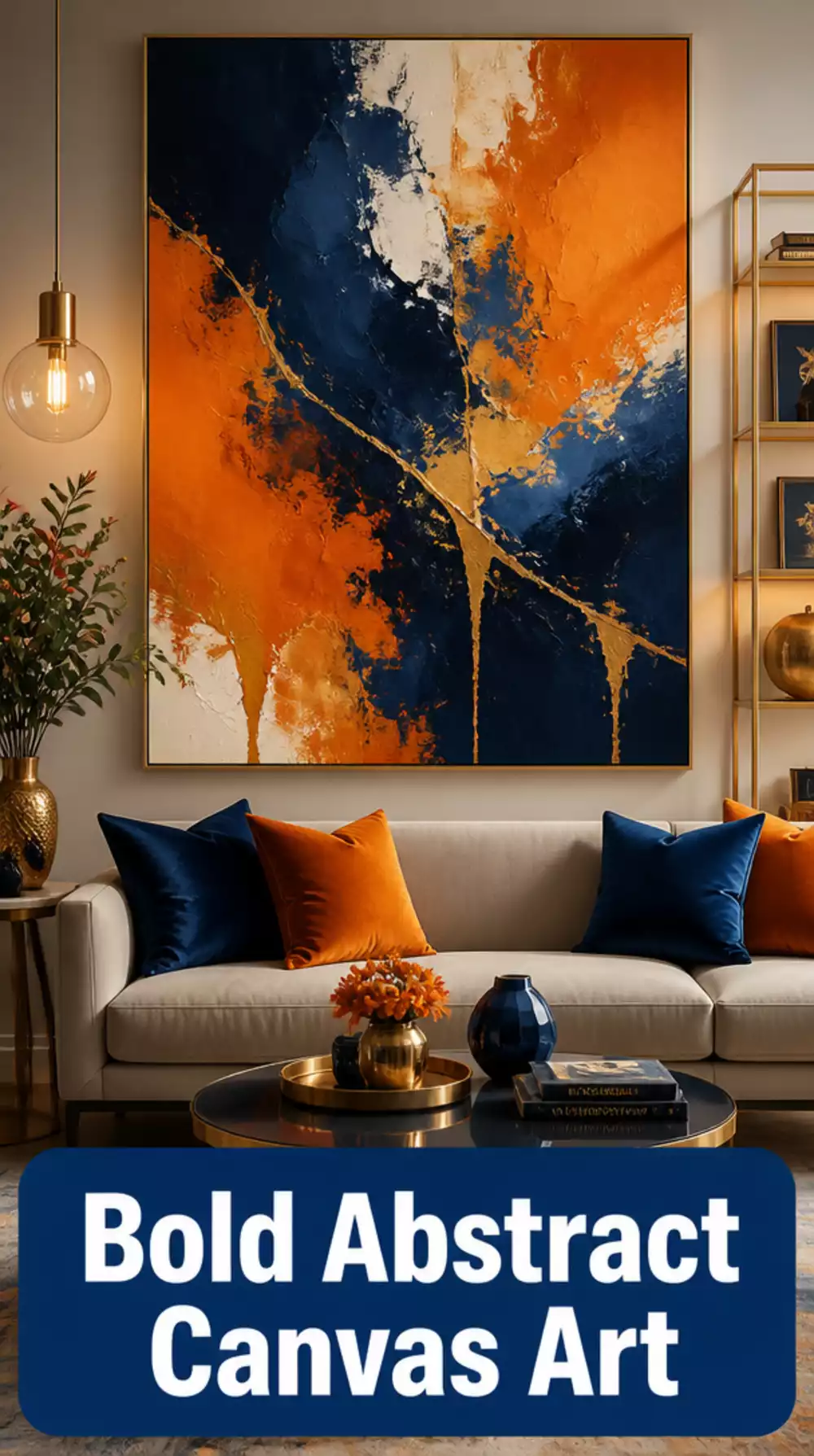 Large Colorful Abstract Canvas Wall Art in Deep Blue and Burnt Orange