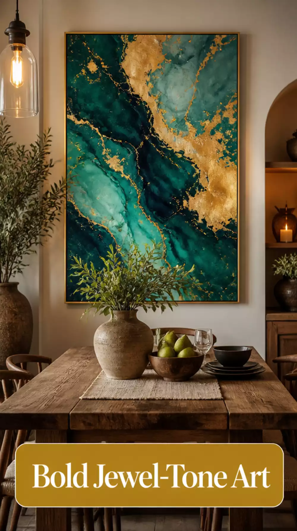Dining Room Bold Jewel-Tone Abstract Canvas in Deep Teal and Gold