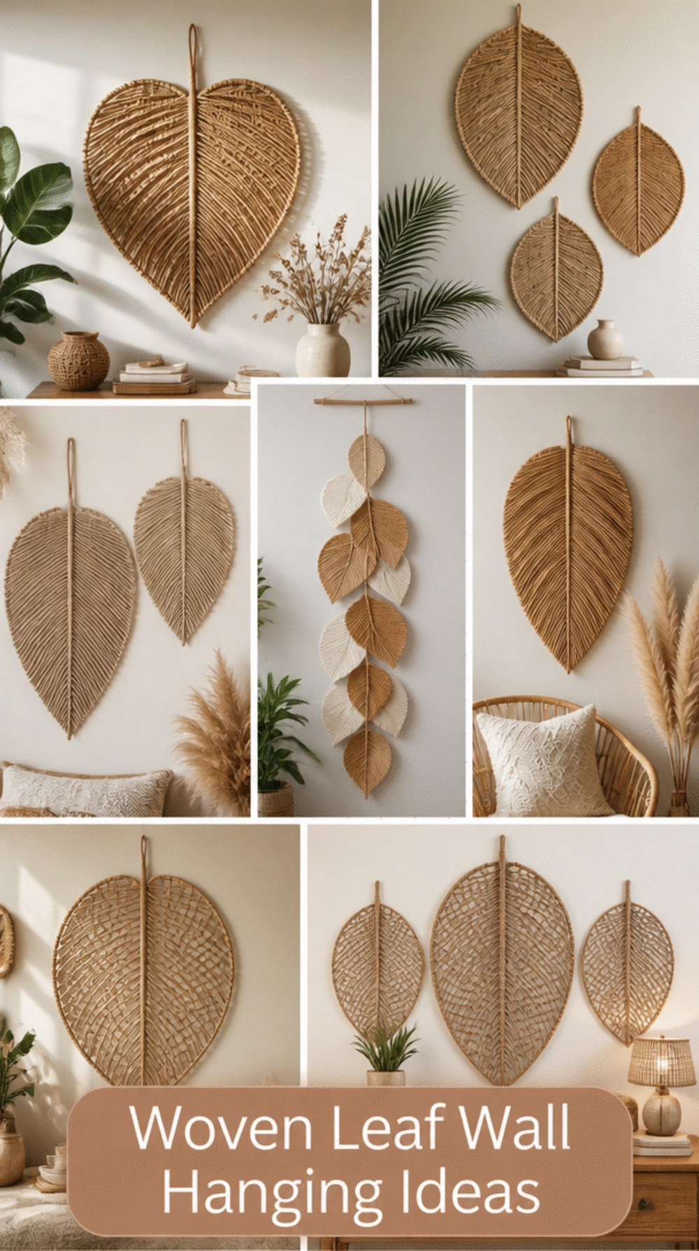 Woven Leaf Wall Hanging in Natural Rattan and Jute for a Boho Room