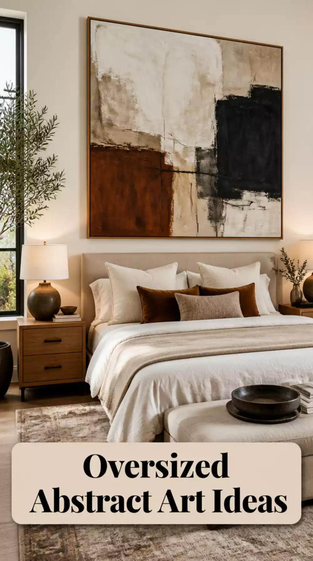 Bedroom Oversized Abstract Print Framed in Warm Natural Oak Wood